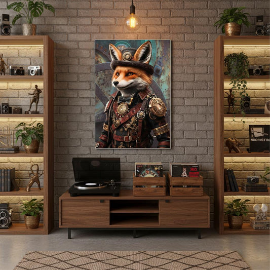 Decorative room interior with a fox painting on the wall, bookshelves, and a record player.
