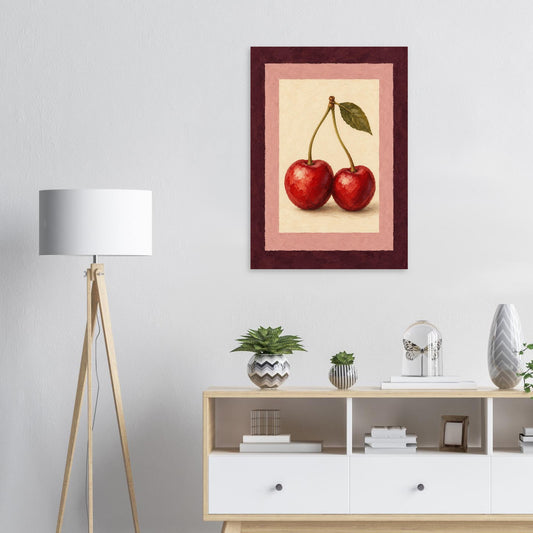 A framed wall art print depicting two red cherries with green leaves, hung on a light gray wall above a white and light wood console cabinet. A white floor lamp stands to the left, and small decorative plants and objects sit on the cabinet.