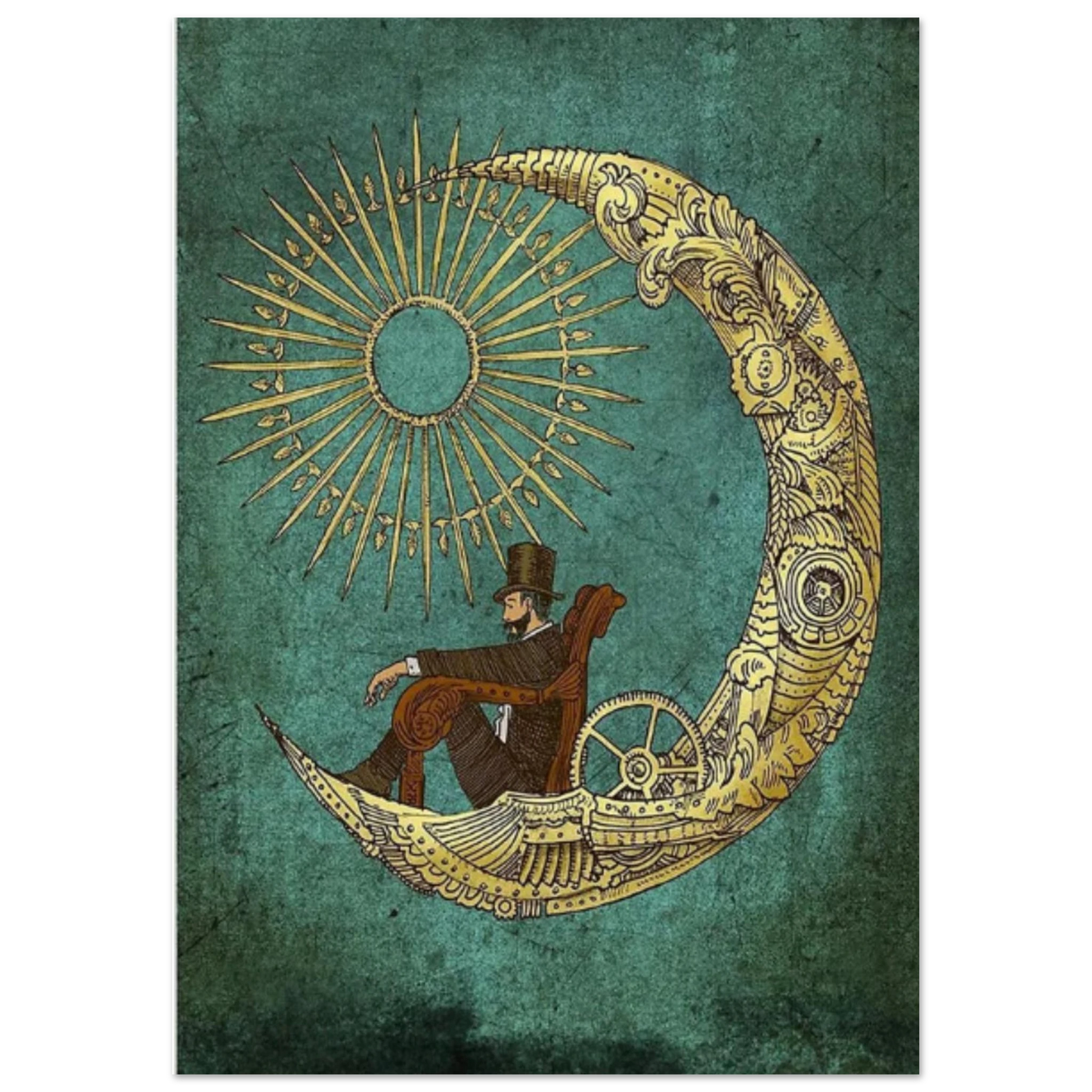 Decorative illustration of a man sitting on a crescent moon with sun design, on a textured green background.