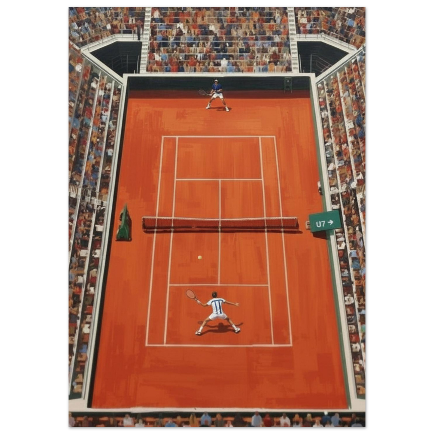 Poster of a tennis match on a red court with spectators in the stands.