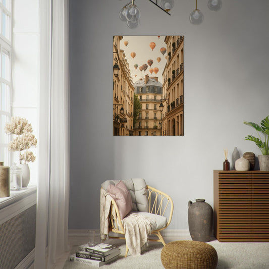 Living room with a chair, ottoman, and decorative items, featuring a wall art of hot air balloons over buildings.