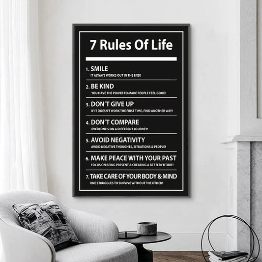 Framed poster with '7 Rules of Life' in a modern living room.