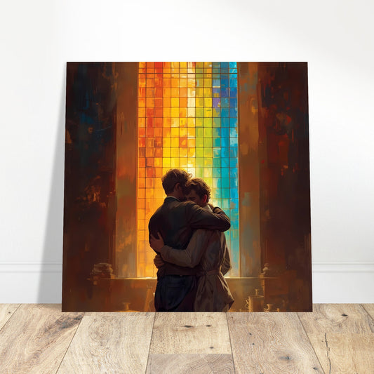 Two people embracing in front of a colorful stained glass window on a wooden floor.