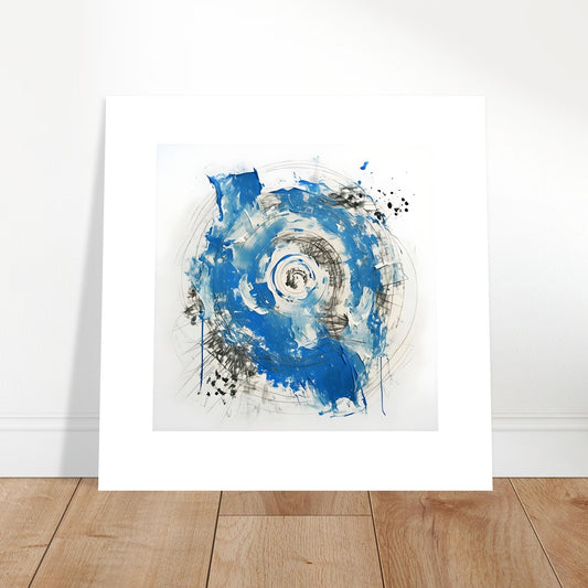 Unframed abstract blue and white impasto-style art print leaning against a wall on a wooden floor, with textured brushstroke design and modern artistic vibe