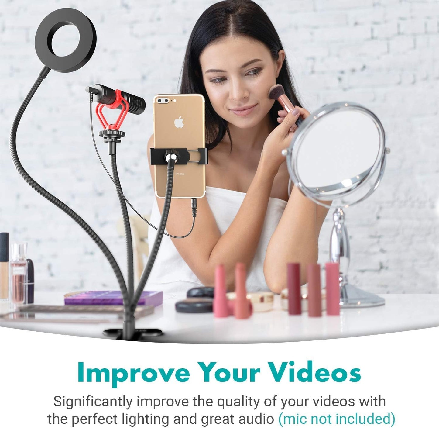 Movo VGC3 Selfie Ring Light Stand. 10 Level Dimmable LED, Dual Flexible Arms, Phone & Mic (USB)