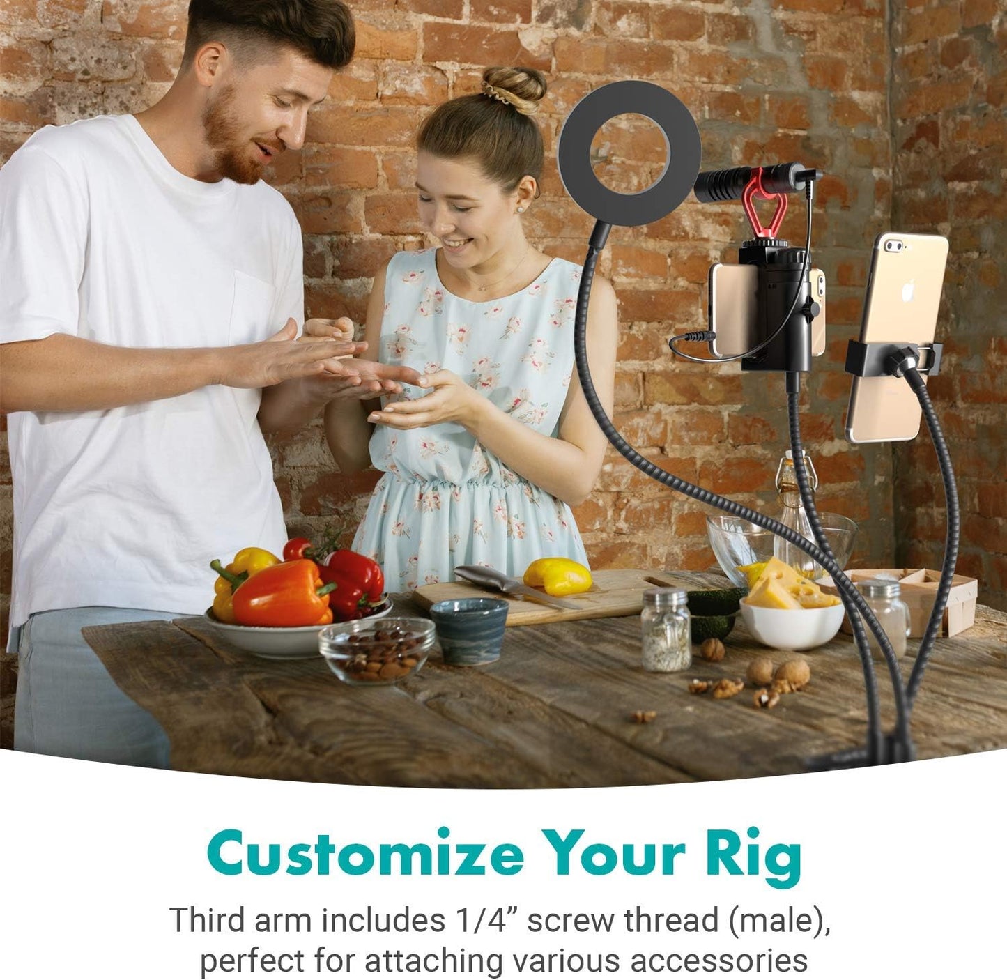Movo VGC3 Selfie Ring Light Stand. 10 Level Dimmable LED, Dual Flexible Arms, Phone & Mic (USB)