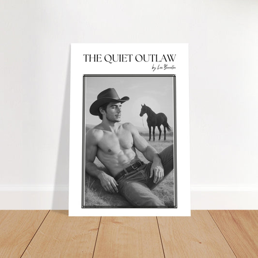 Unframed retro cowboy art print titled 'The Quiet Outlaw' featuring a shirtless man in jeans and hat with a horse in the background, minimalist studio setup