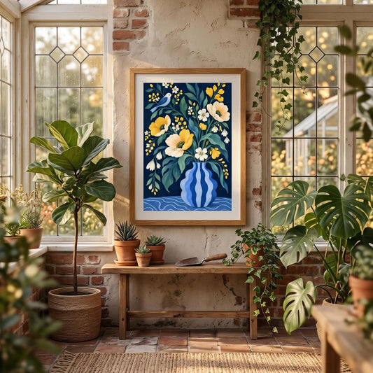 A framed floral art print featuring yellow and white flowers in a blue vase, displayed on a rustic wooden bench in a sunlit room with brick walls and potted plants.