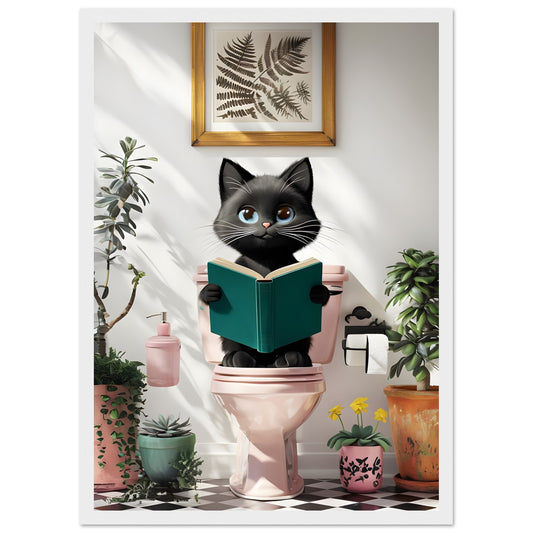 Charming Black Cat on Pink Toilet – Framed Poster