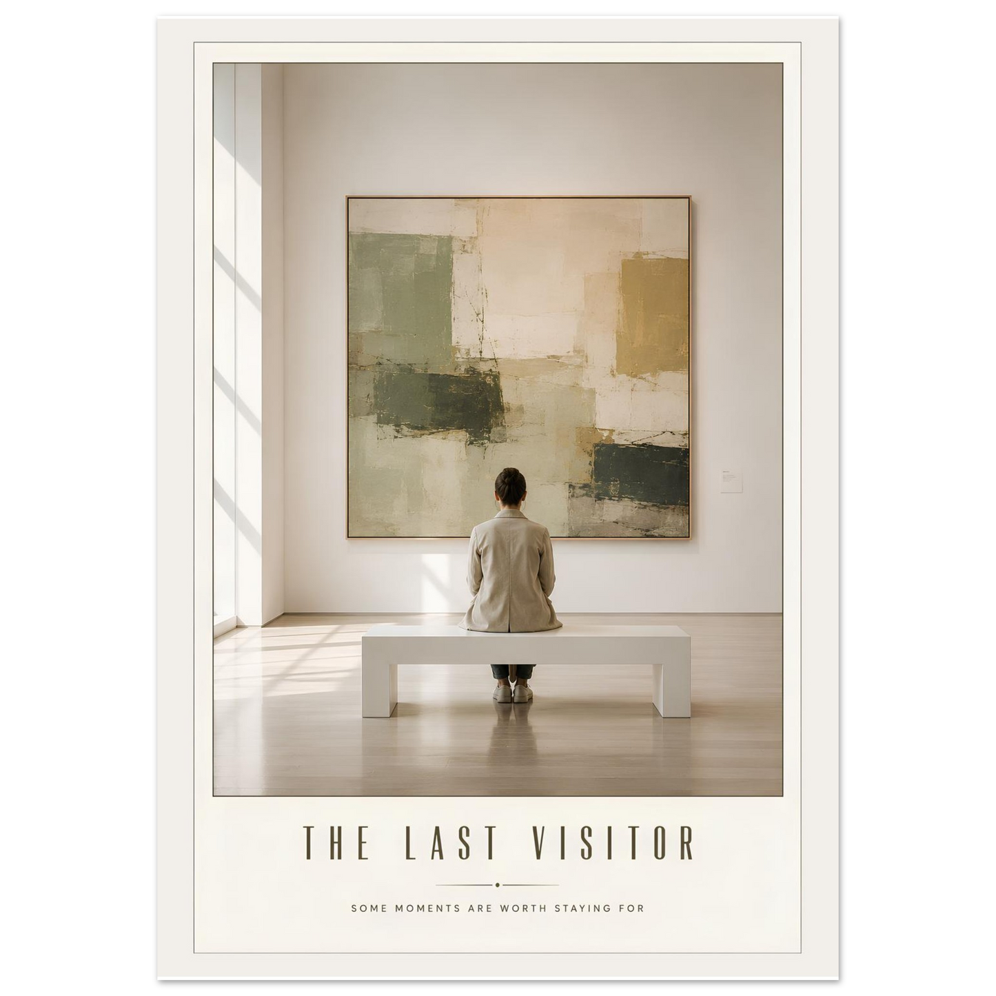 Poster of a Person sitting on a bench in front of an abstract painting with text 'The Last Visitor' at the bottom.