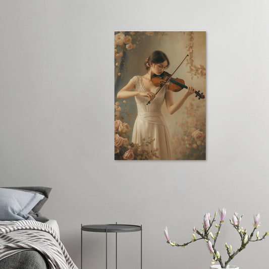 Poster of a woman playing the violin in a floral setting on a wall above a bed.