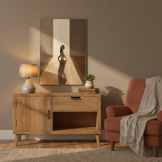 Living room with wooden sideboard, lamp, and armchair against a beige wall.