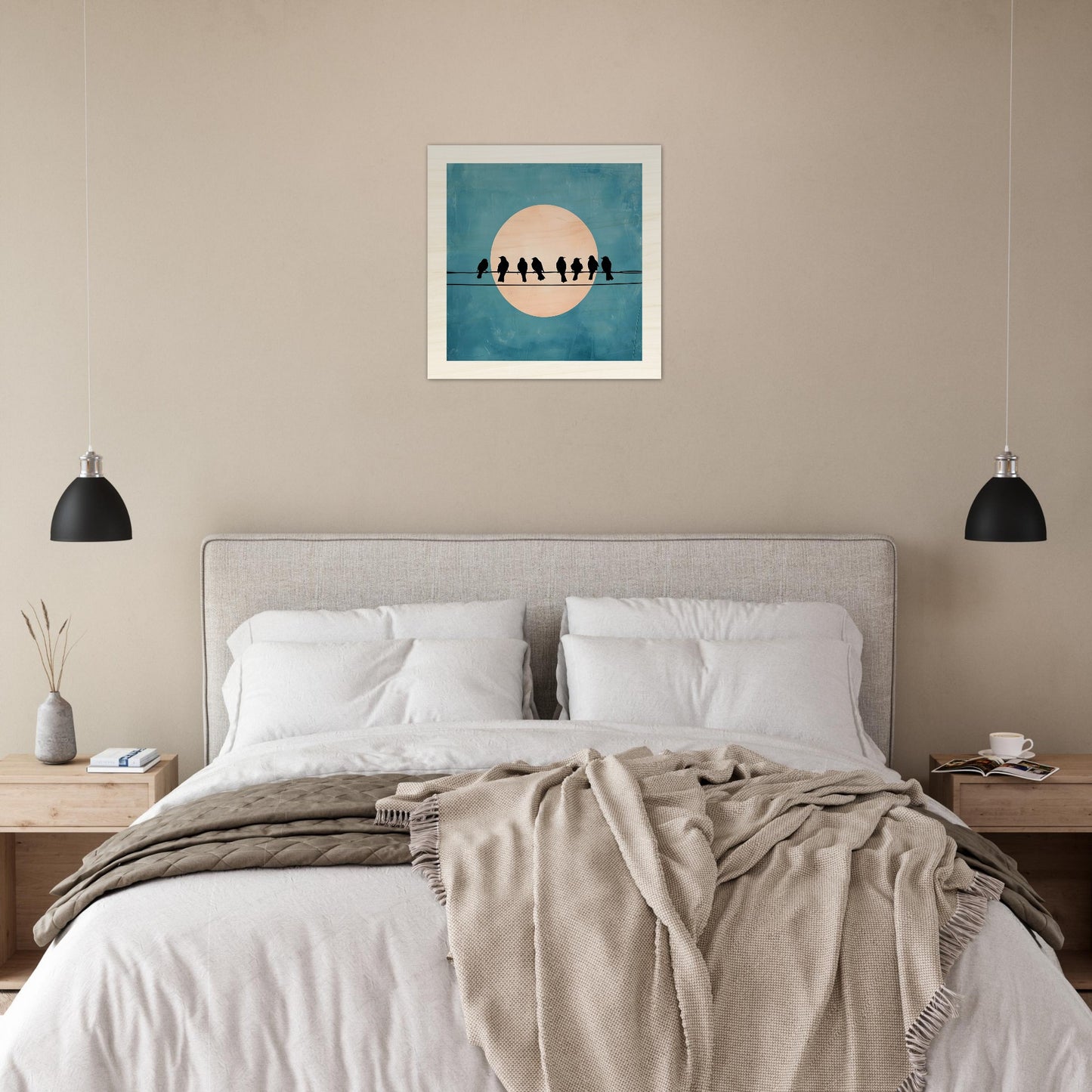 Wooden artwork of birds on a wire with a moon in the background