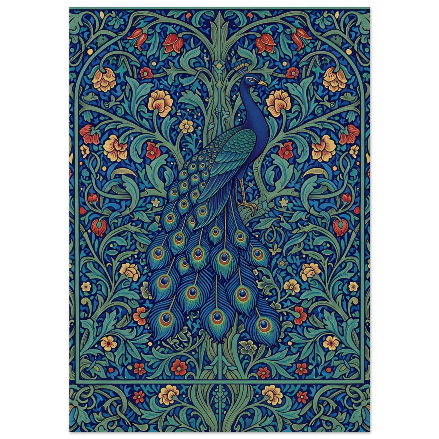 The Enchanted Peacock art print featuring a blue and teal peacock surrounded by intricate jewel-toned flowers and foliage.