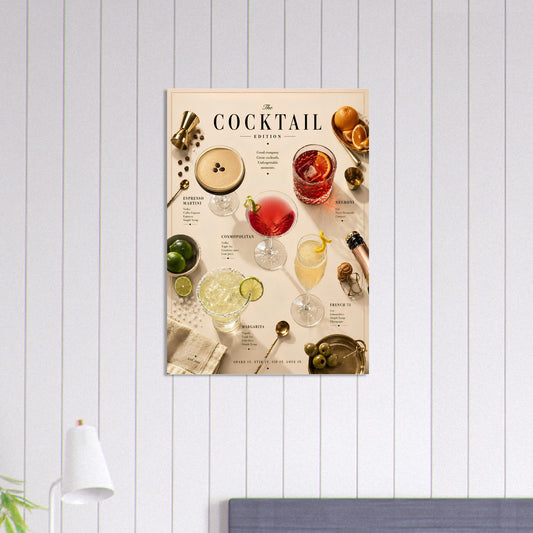 Cocktail Edition Poster displayed against a striped feature wall showcasing colourful cocktail artwork and luxury lounge styling.