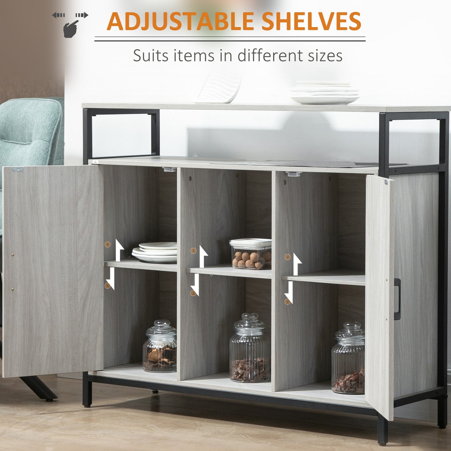 Modern Sideboard, Storage Cabinet with Adjustable Shelves Steel Frame Light Grey