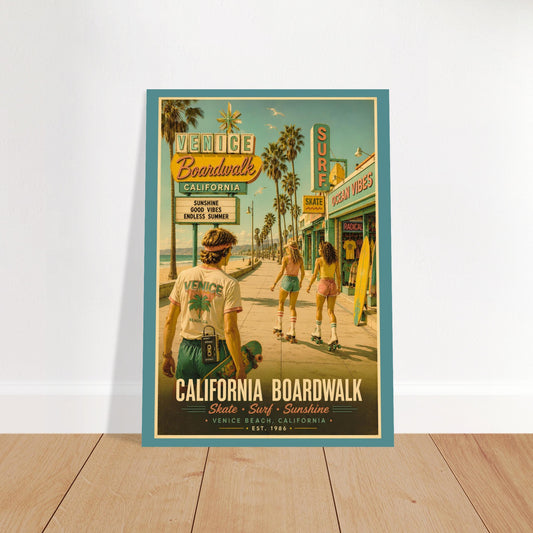 Poster of a vintage-style scene with people on a boardwalk in Venice Beach, California.