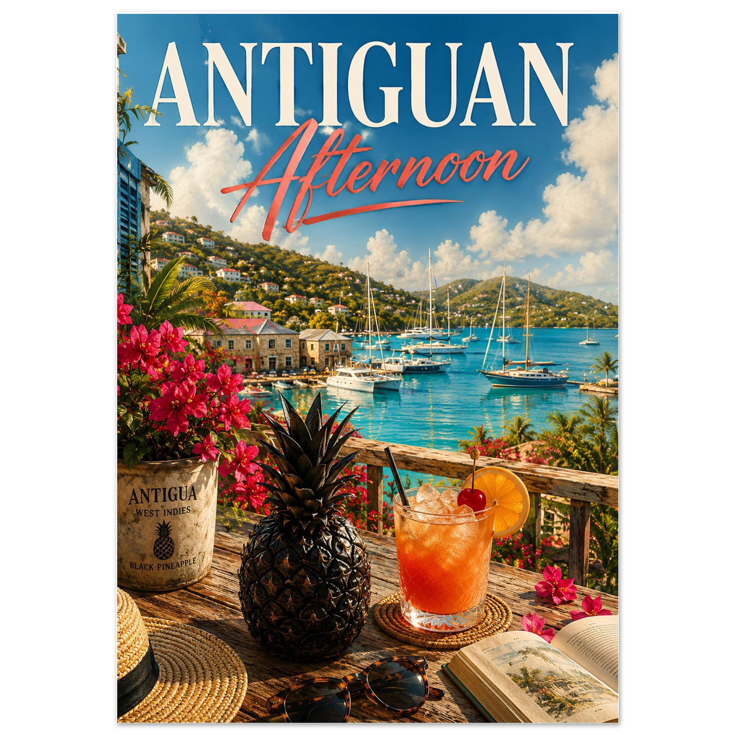 Caribbean wall art featuring English Harbour, sailing yachts and a black pineapple in painterly style