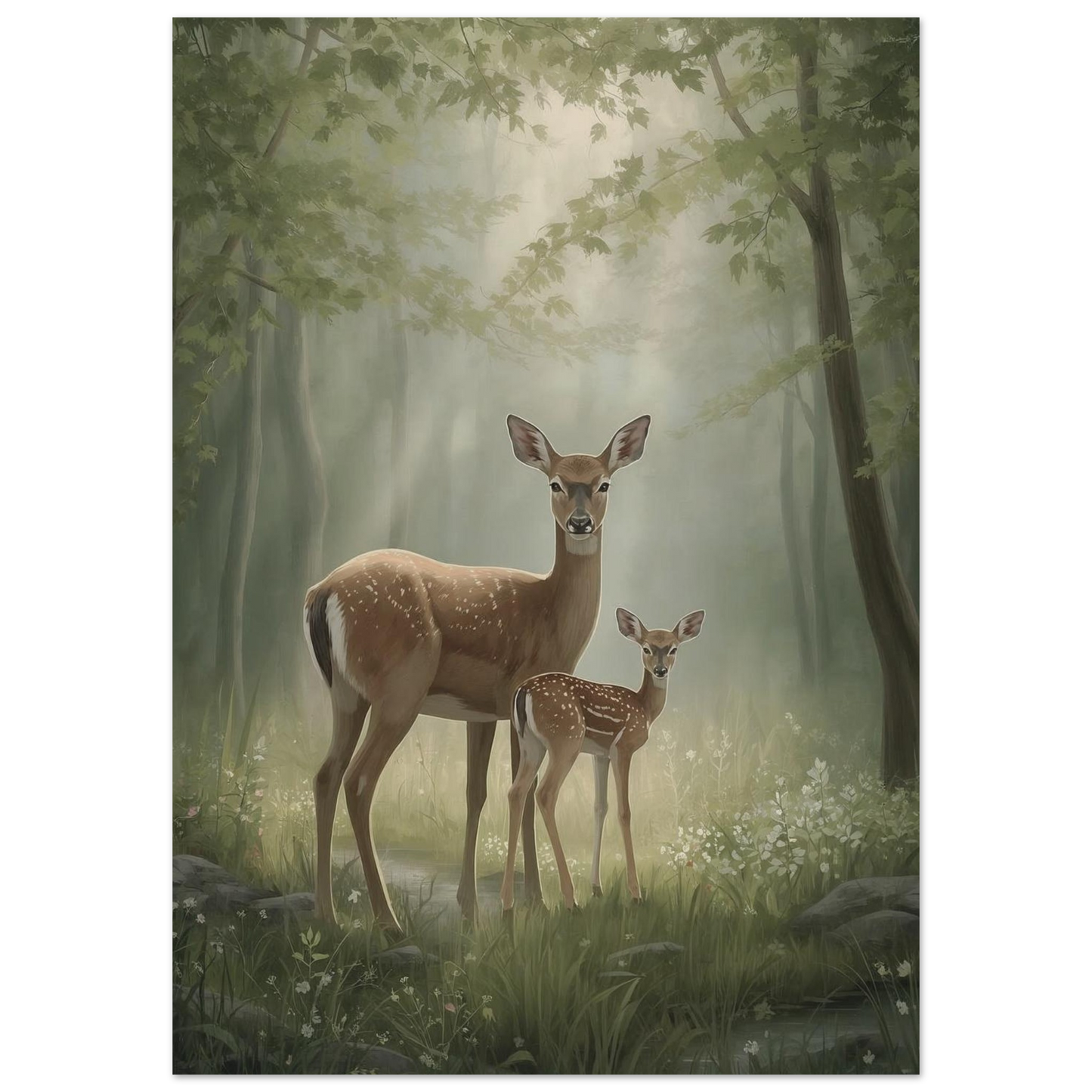mother and fawn deer wall art poster in soft spring forest scene