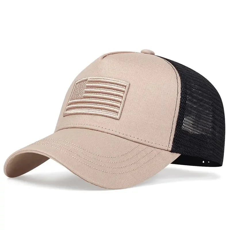 Beige and black cap with American flag patch on a white background
