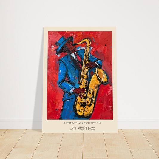 Abstract jazz saxophone wall art poster – Late Night Jazz artwork with red background and blue suit musician