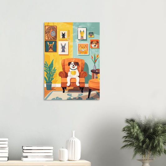 Colorful wall art of a dog on an armchair in a living room setting.