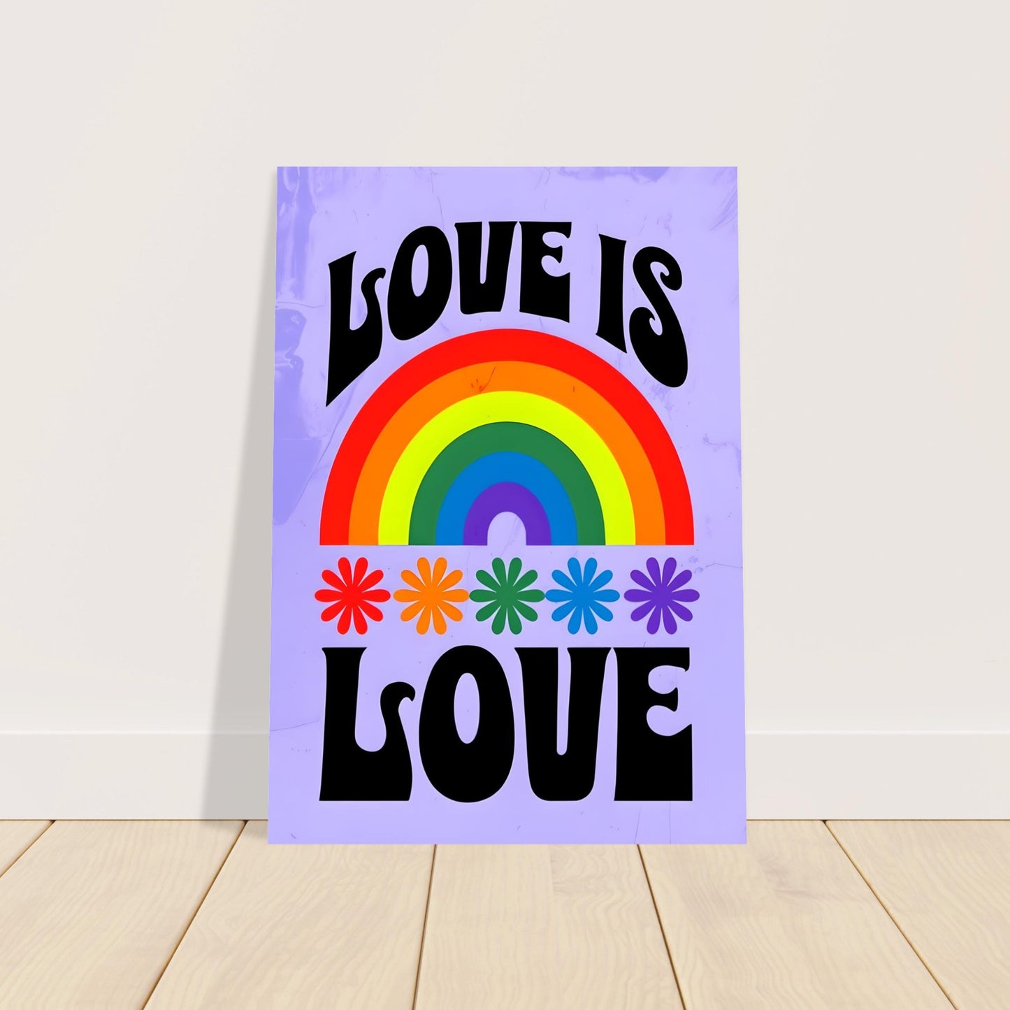 Poster with rainbow and 'Love is Love' text on a light purple background