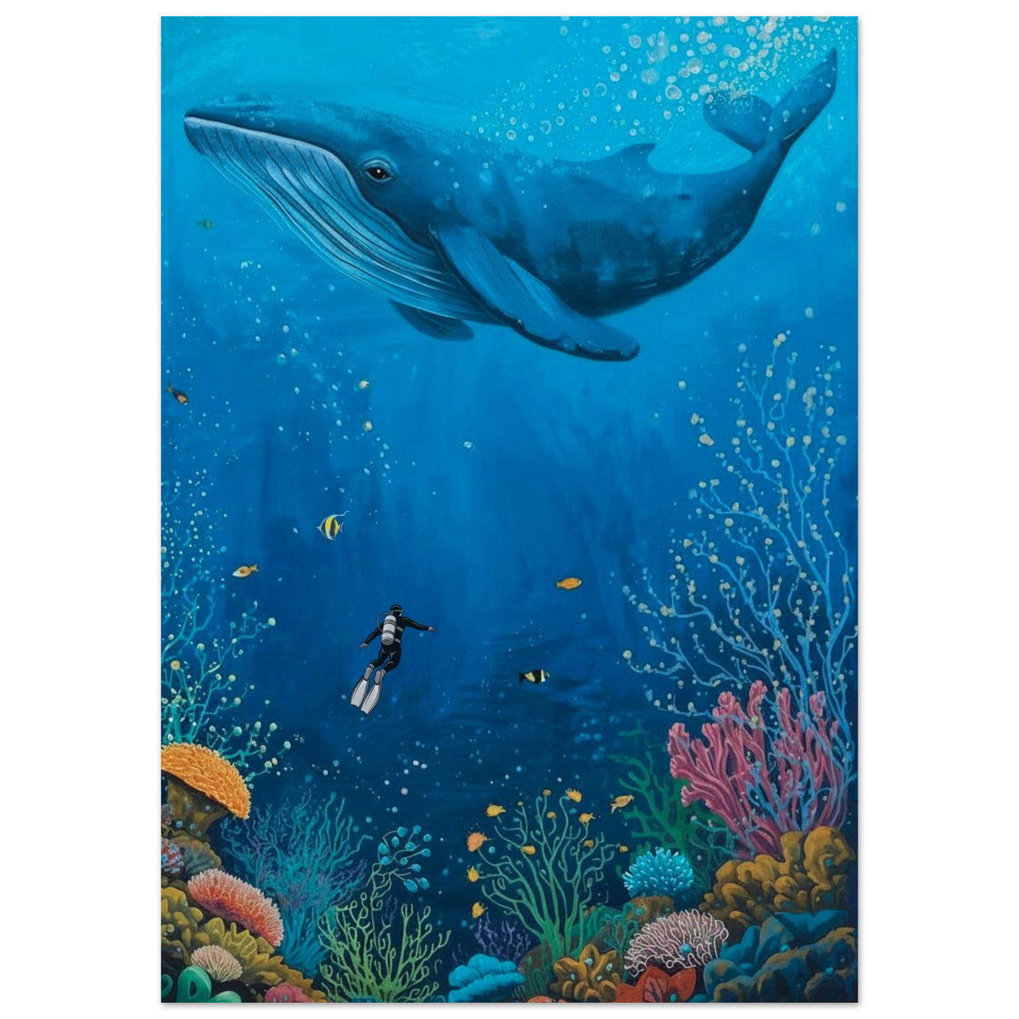 Whale swimming above a diver and colorful coral reef underwater scene