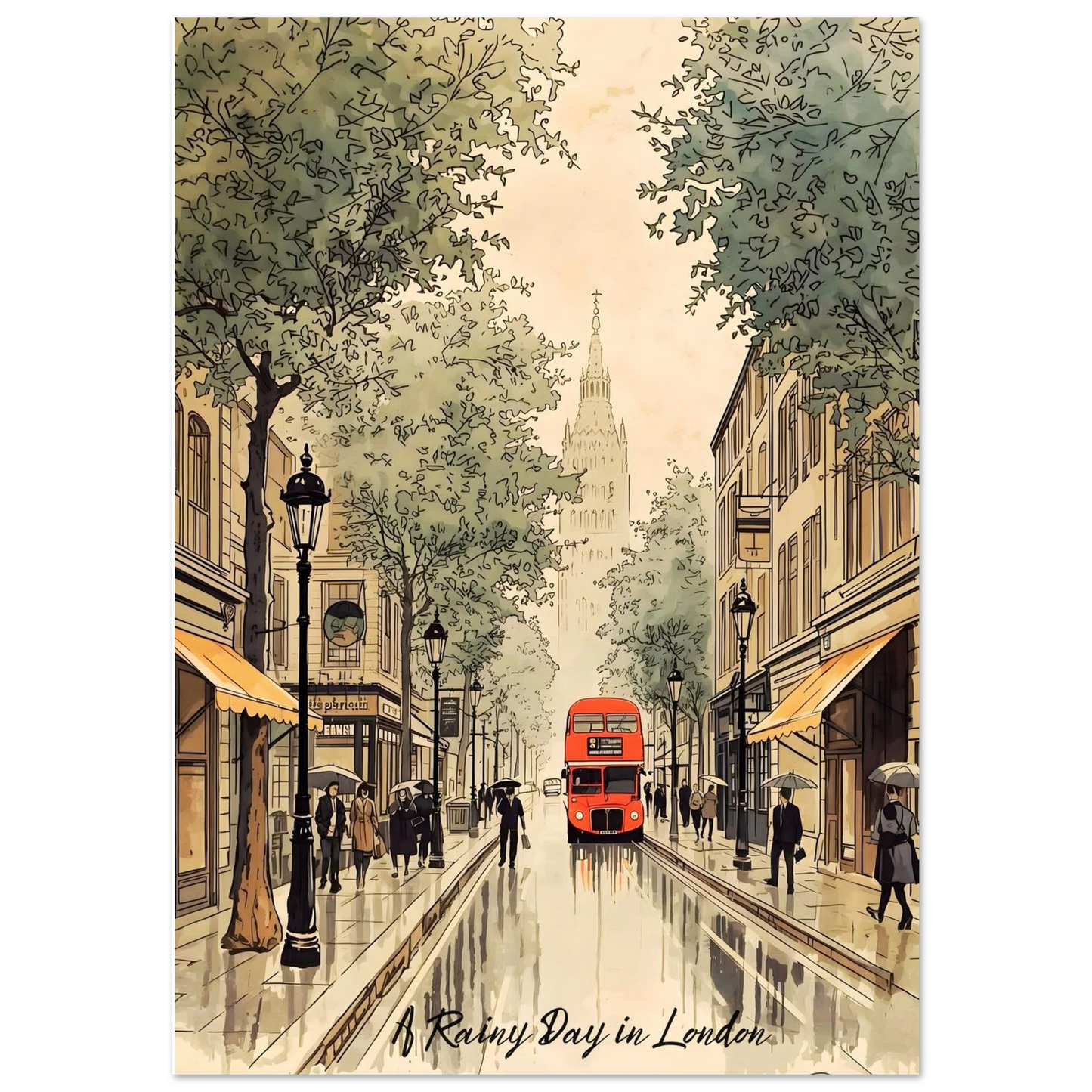 Illustration of a rainy day in London with a red double-decker bus, people with umbrellas, and a clock tower.