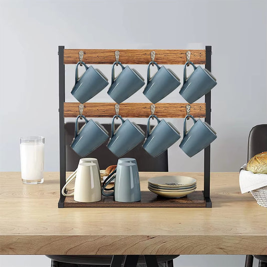 Vintage Wood Coffee Mug Holder Stand 2 Tier Countertop Mug Tree Holder Rack with 16 Hooks Hangers