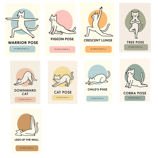 Cat Yoga Digital Print Bundle – 9 Poses + Full Poster (Instant Download)