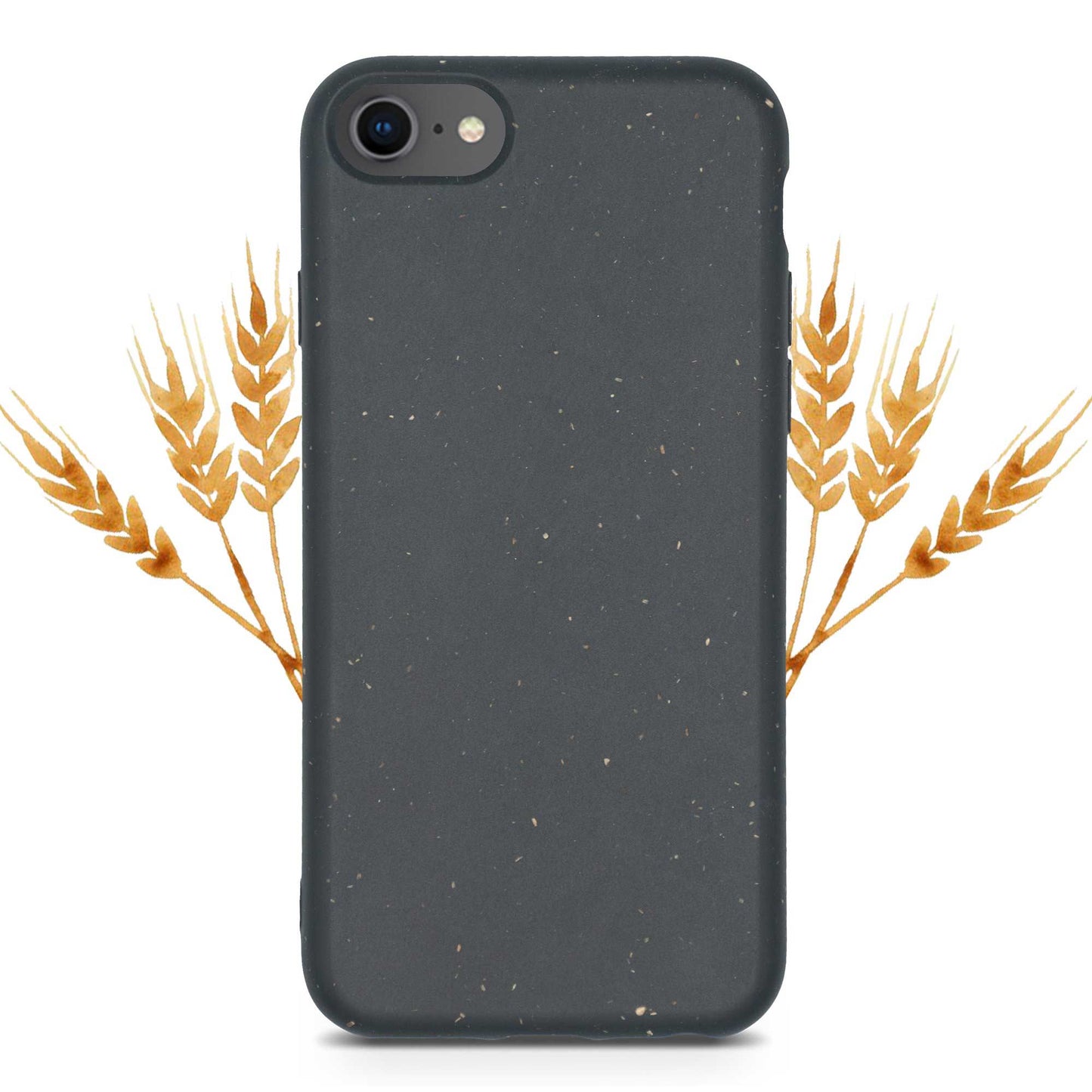 Dark gray phone case with speckled texture, flanked by wheat stalks on a white background