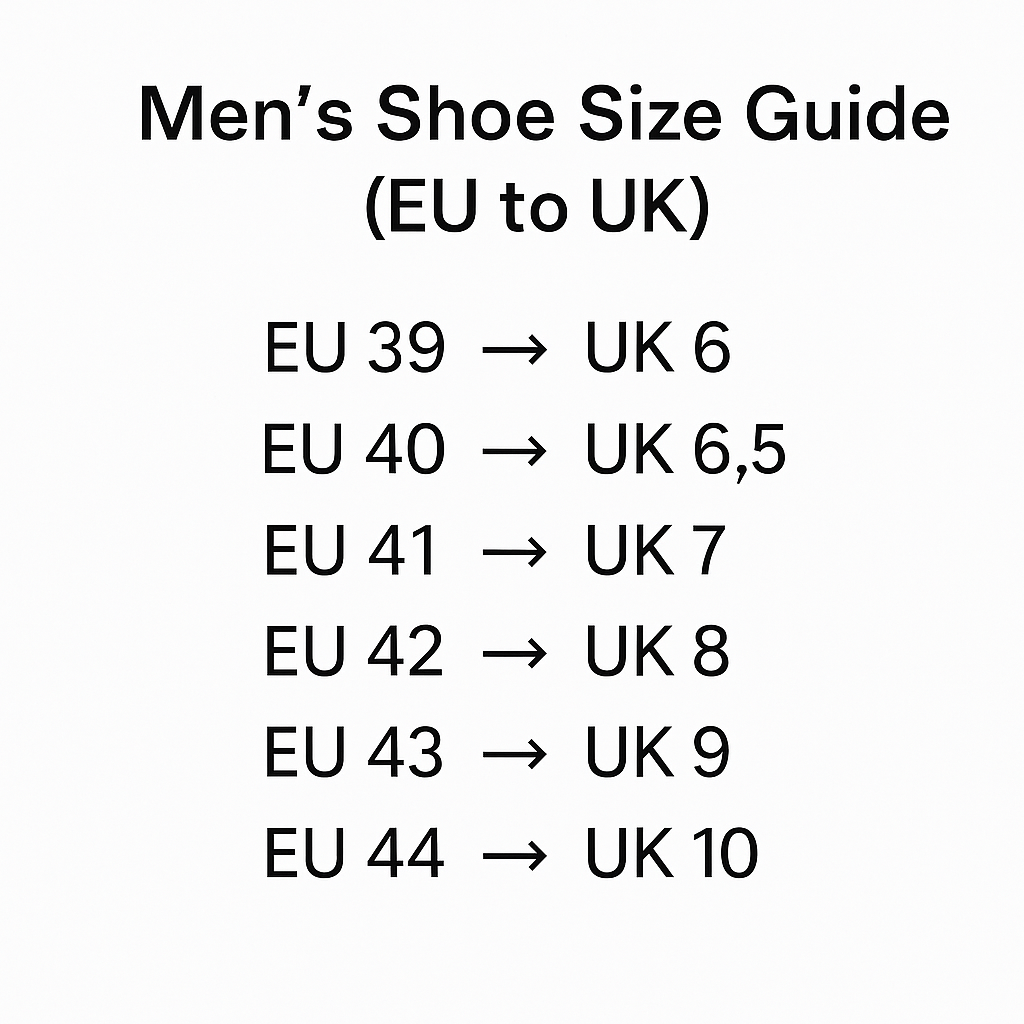 Men's shoe size guide converting EU sizes to UK sizes on a white background