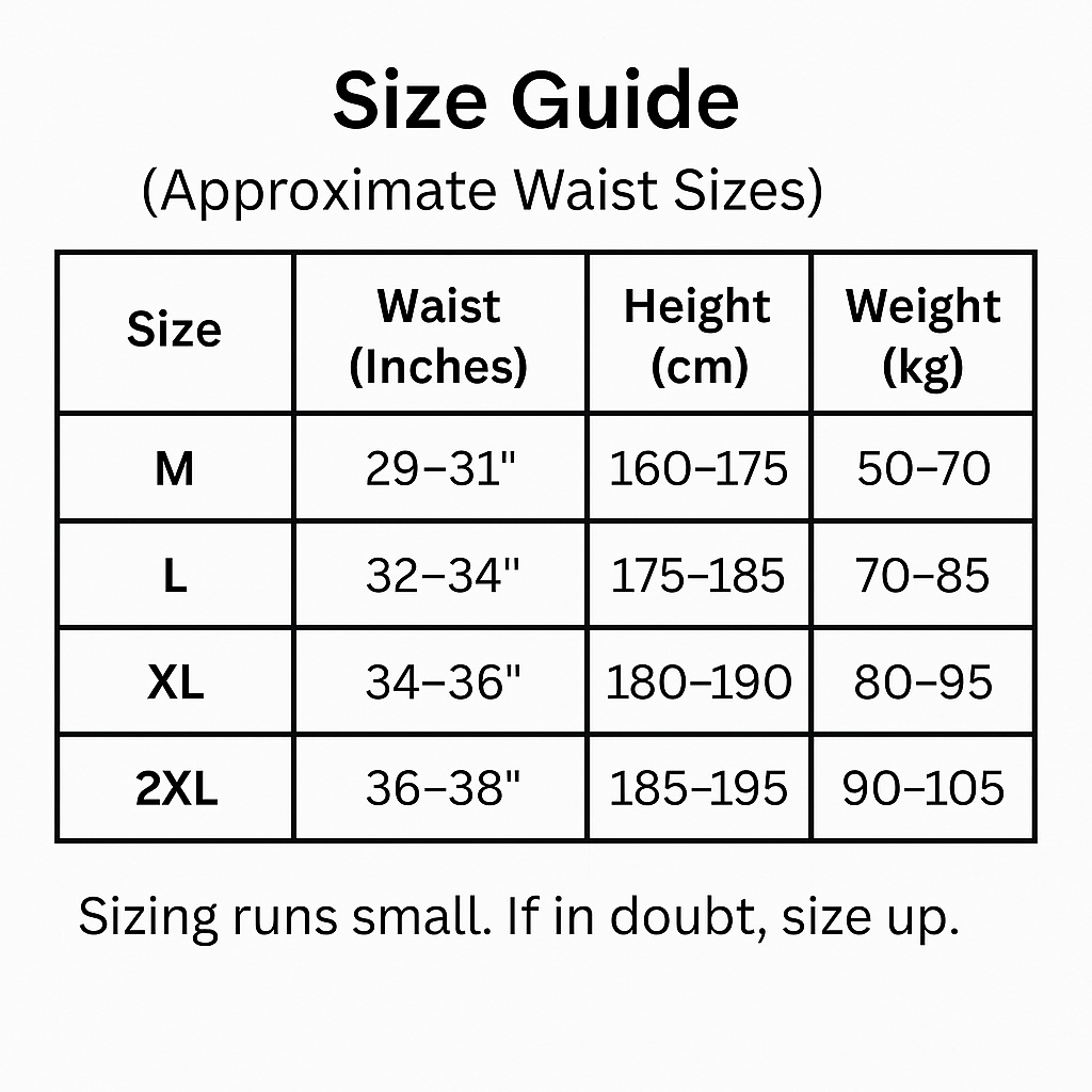 Size guide chart for approximate waist sizes with corresponding height and weight ranges.
