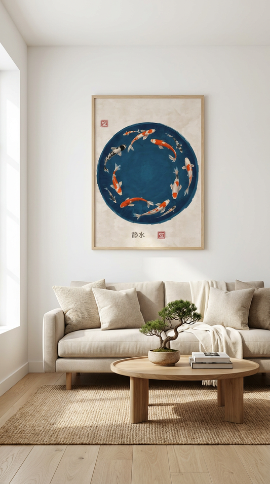 Japandi koi fish wall art poster displayed in a modern living room with minimalist decor and neutral interior styling