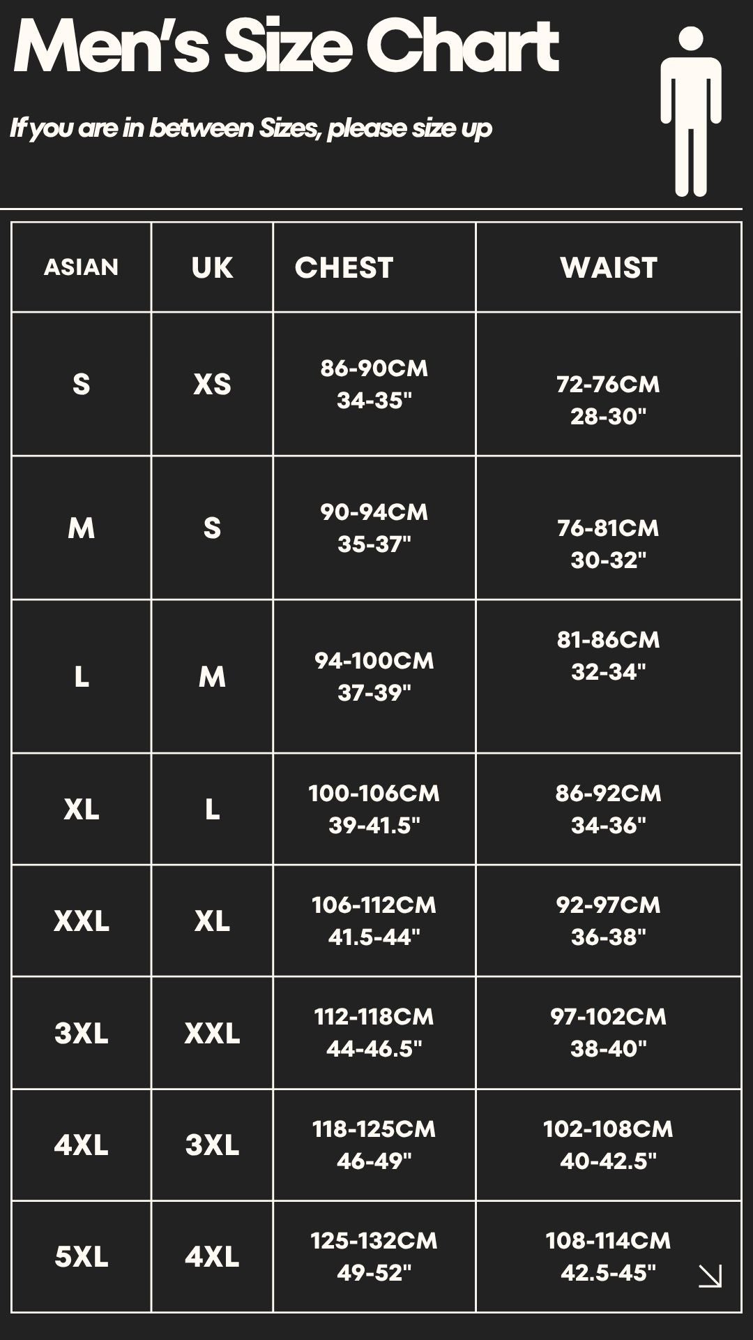 Men's size chart comparing Asian, UK, chest, and waist measurements.