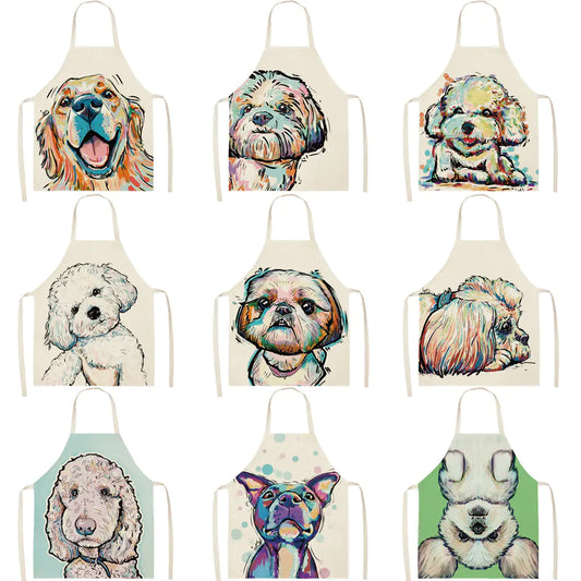Set of aprons with colorful dog illustrations on a white background