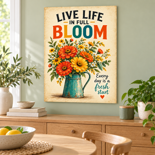 A vertical metal wall art print featuring a colorful floral bouquet in a teal pitcher with the text 'LIVE LIFE IN FULL BLOOM' and 'Every day is a fresh start' on a beige background, displayed on a light green wall above a wooden sideboard in a styled room.