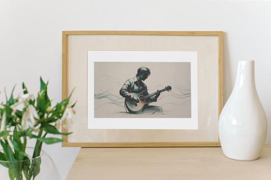 Framed artwork of a person playing guitar on a table with a vase and flowers.