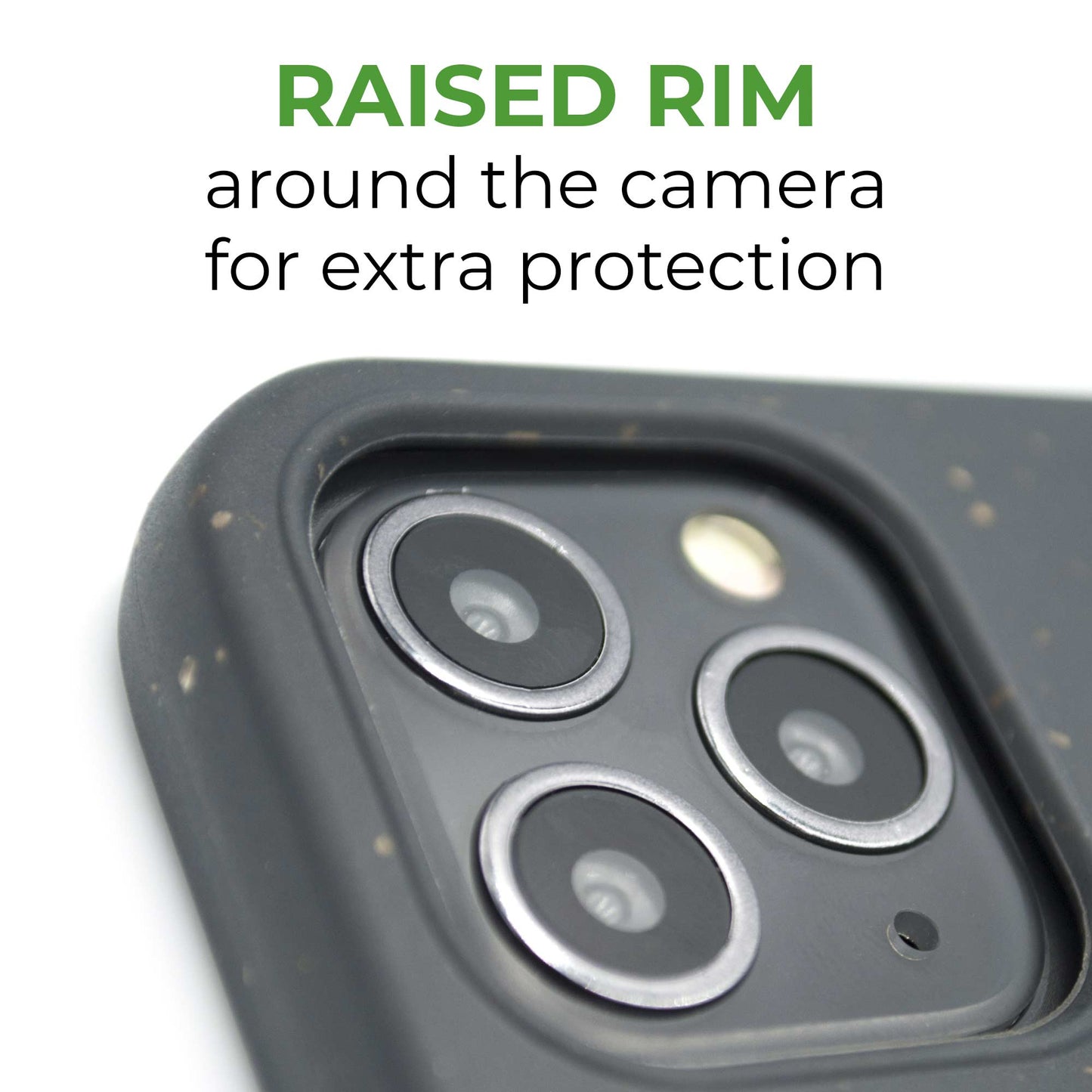 Phone case with a raised rim around the camera area on a white background