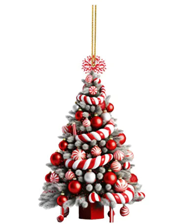 Decorative Christmas tree ornament with red, white, and candy cane patterns on a white background
