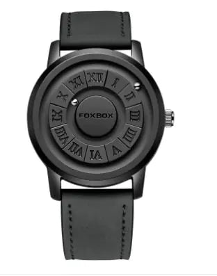 Black watch with Roman numeral design on a white background