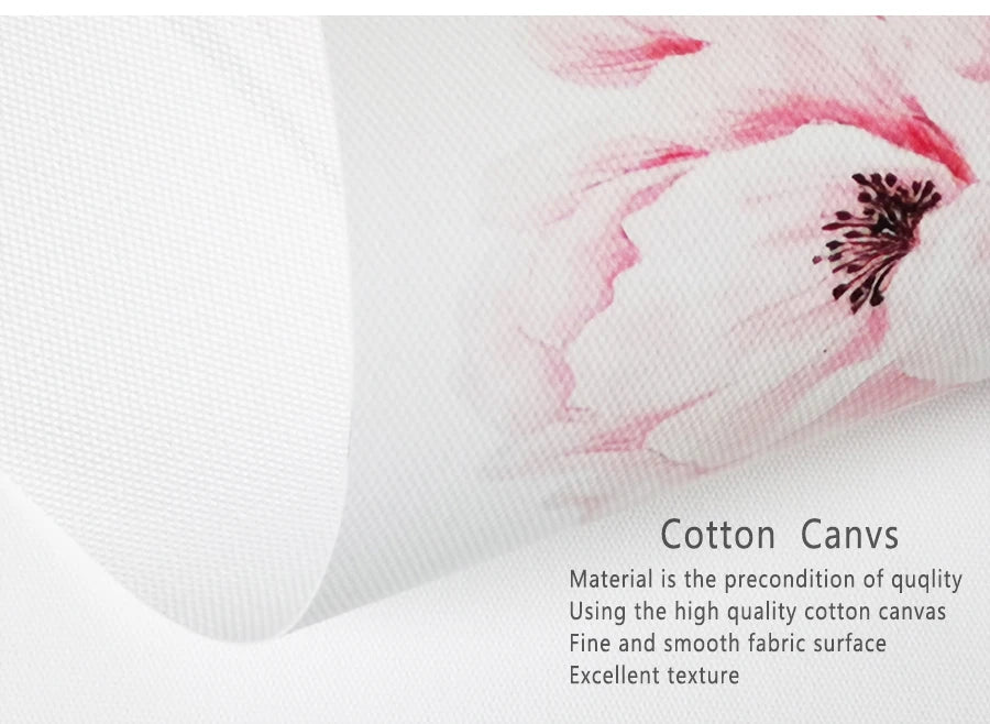 Close-up of a pink flower on a white background with text about cotton canvas material.