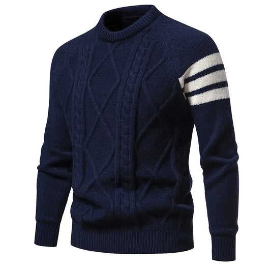 Navy blue sweater with white and gray striped sleeve on a white background