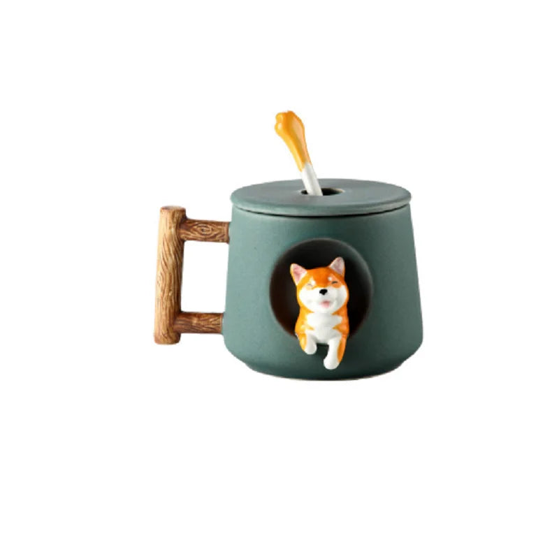 Cute 3D Shiba Inu dog ceramic mug with lid and spoon