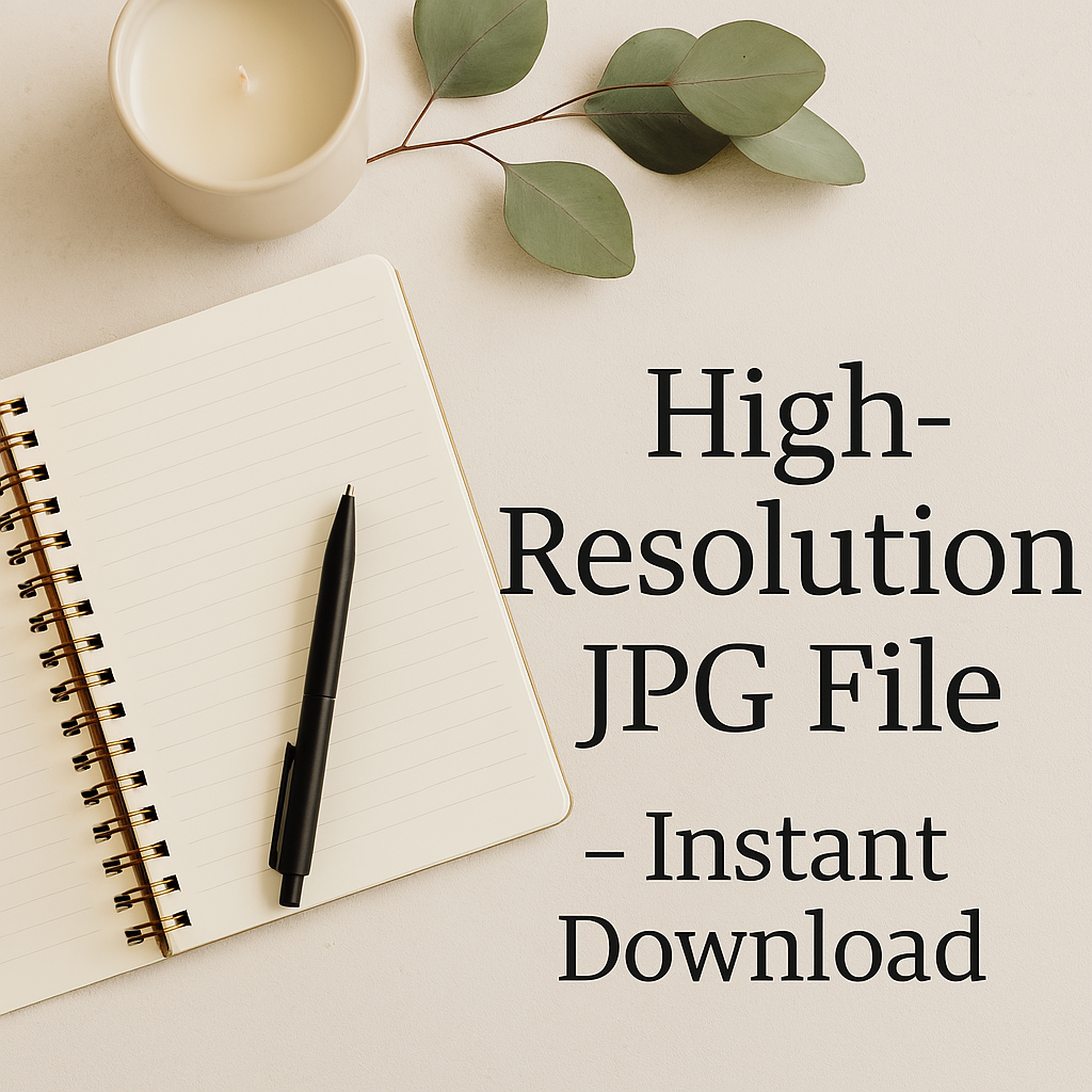 Notebook with pen, candle, and leaves on a light surface with text overlay.