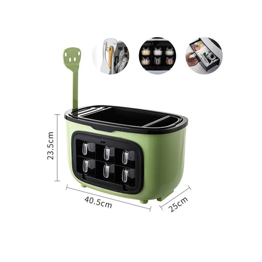 Green kitchen utensil holder with dimensions and inset images of kitchen items.