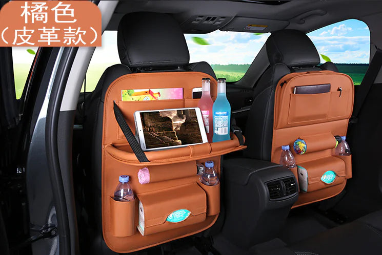Car seat organizer with multiple pockets and a tablet stand, placed on a car seat.