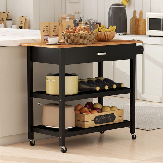 Kitchen island cart with wooden top and black base in a kitchen setting.