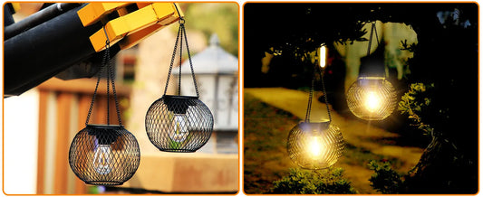 Two images of decorative hanging lights; one indoors and one outdoors.